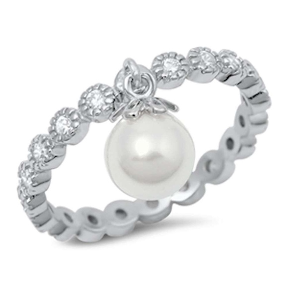 Round Eternity Band & Dangle Pearl .925 Sterling - Picture 2 of 2
